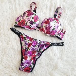 Victoria's Secret Floral Bra and Panty Set - Pink and Purple